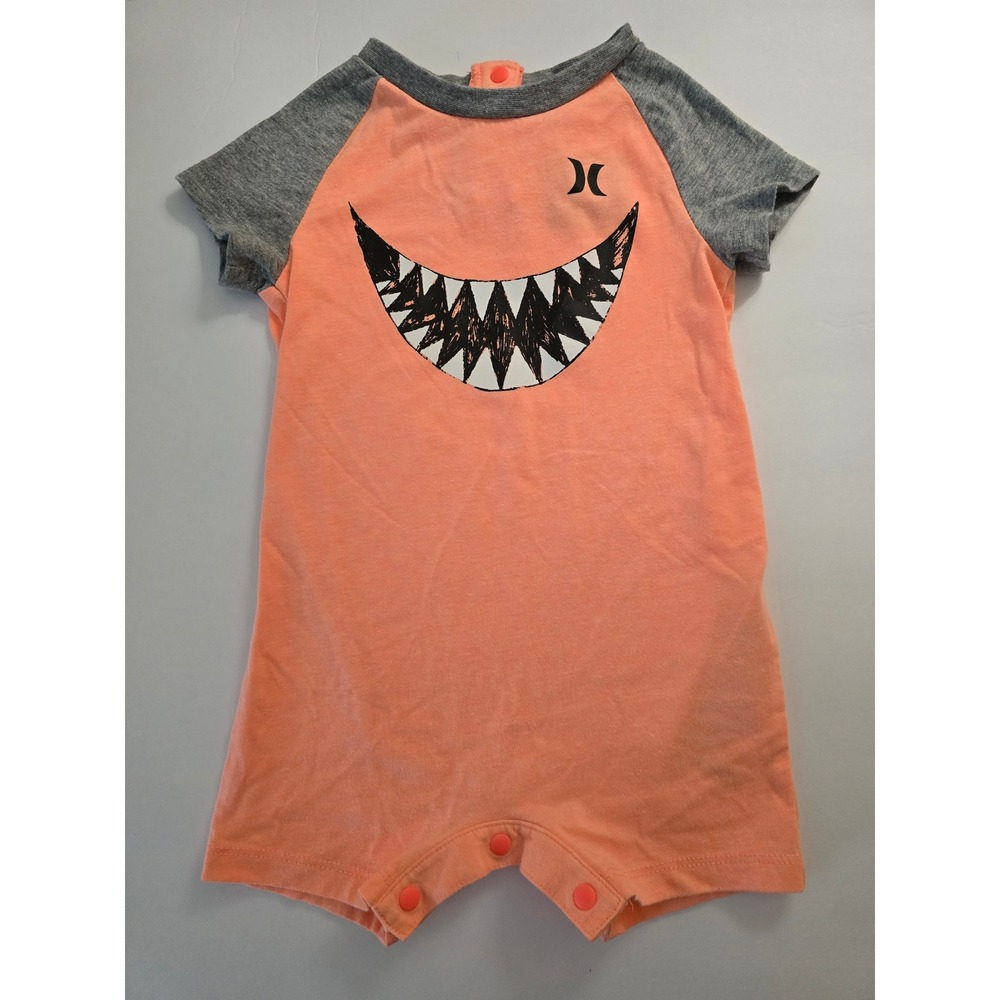Hurley Baby Boys Shark Tooth Graphic Raglan Romper Orange Gray 9M Short Sleeve